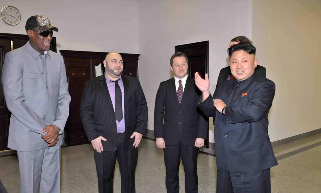 North Korean leader Kim Jong-un converses with retired Hall of Fame professional basketball player Dennis Rodman. (AAP)