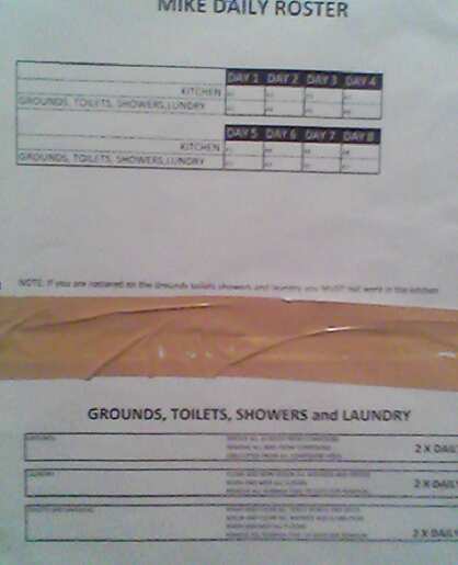 Detainees have told SBS they are carrying out a number of duties previously performed by Papua New Guinea staff. This roster reads 'kitchen grounds, toilets, showers and laundry.' (Image: Asher Wolf)