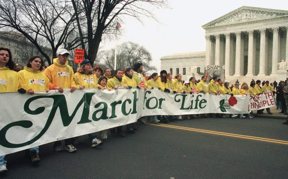 Activists outside the Supreme Court on the day in 1973 that Roe v. Wade was decided.