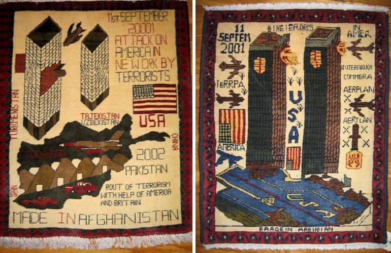Afghan rugs depicting the World Trade Centre twin towers.