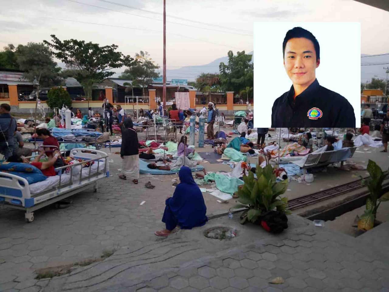 Survivors of the tsunami receive medical treatment. The inset is a portrait of Anthonius Gunawan Agung. 
