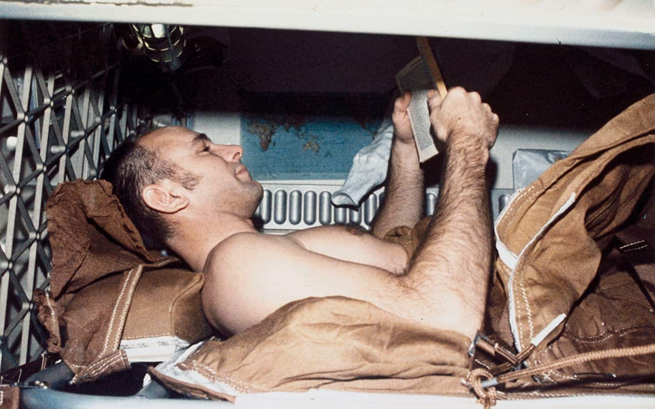 Bean is shown here in a sleep restraint during the second manned Skylab mission.