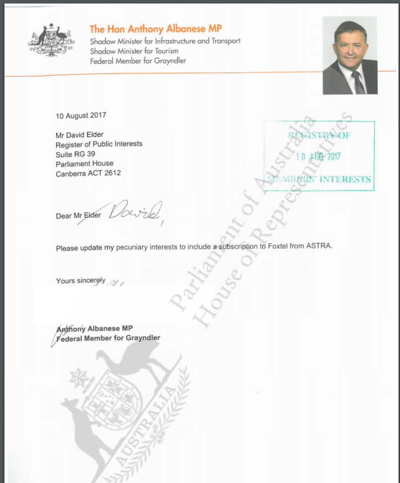 Anthony Albanese's interests register, showing added Foxtel subscription