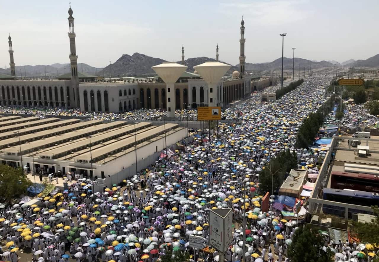 Muslim pilgrims are seen at Namirah Mosque in Mecca, Saudi Arabia on August 20, 2017, ahead of the climax of hajj.