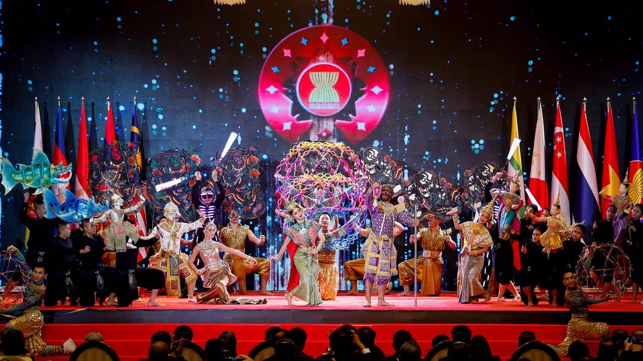 Dancers perform onstage during the opening ceremony of the 34th ASEAN Summit in Bangkok.