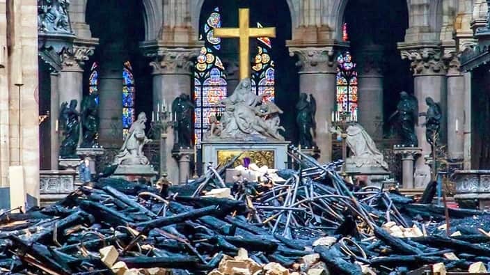 The walls are still standing but much of the interior of Notre-Dame Cathedral has been destroyed. 