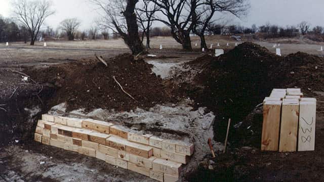 Coffins containing the bodies of babies are buried in a mass grave at Hart Island.