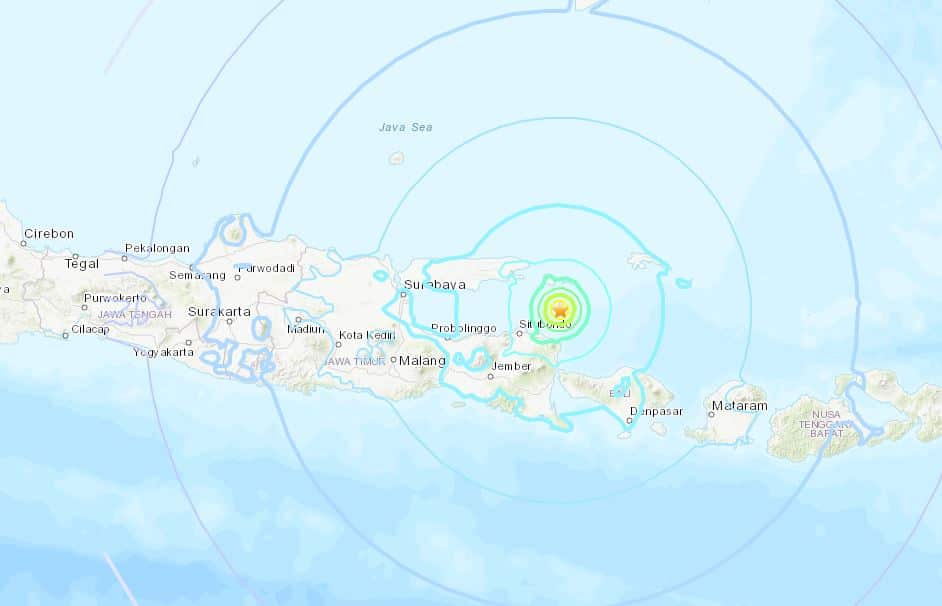 The USGS put the epicentre as 40 km (25 miles) northeast of Sumberanyar on nearby Java island.