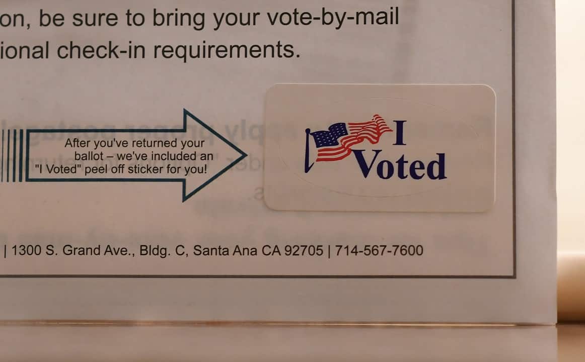 An "I Voted" sticker included in a mail-in ballot package