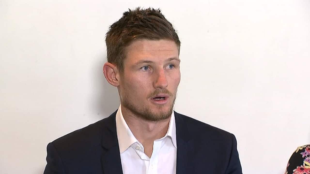 Cameron Bancroft faces the media in Sydney over the ball-tampering scandal.