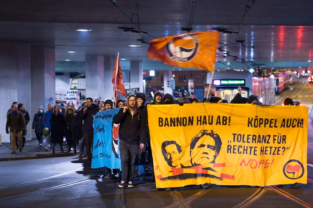 Protesters took to the streets of Zurich ahead of Steve Bannon's visit - one of the many stops in his speaking tour of Europe.