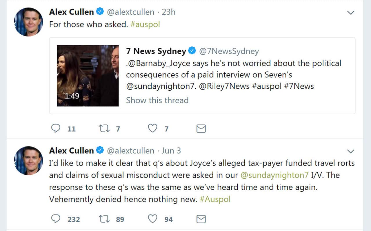 Channel Seven reporter Alex Cullen responded to criticism on Twitter.