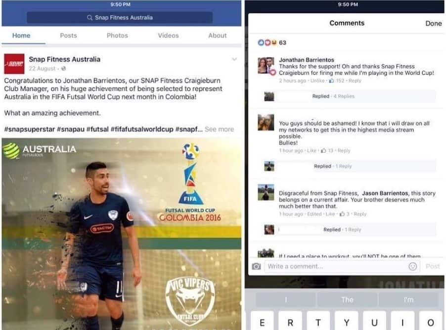 A Facebook post from Snap, since deleted, congratulating Barrientos for representing Australia. He is seen commenting against being sacked (Facebook)