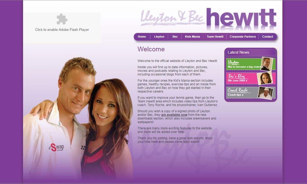 Lleyton and Bec Hewitt's first website in 2008.