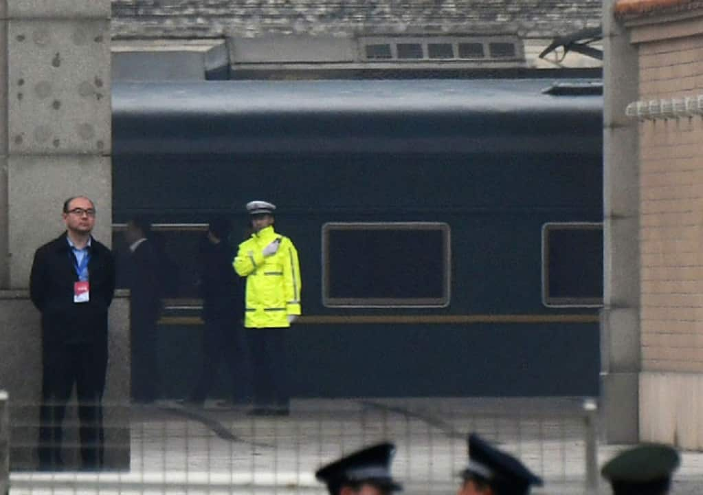 A train believed to be carrying a high-ranking North Korean official departs Beijing station.