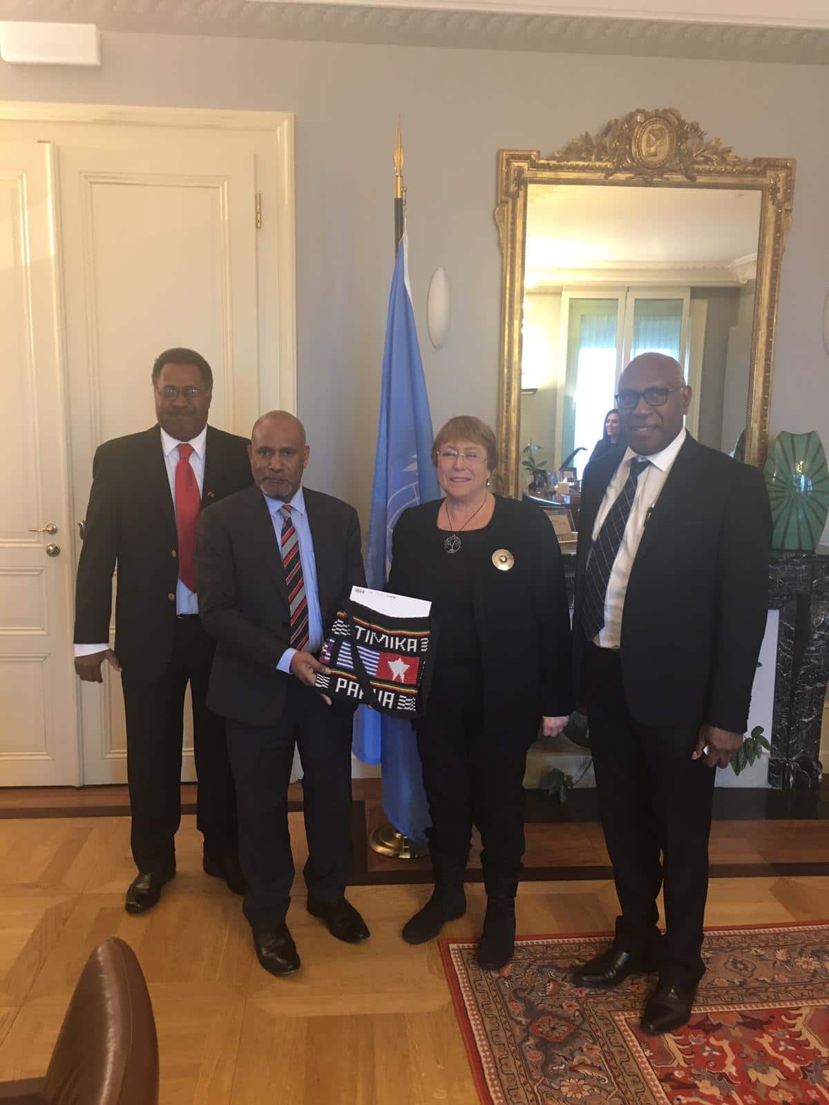 West Papuan independence leader, Benny Wenda standing with UN High Commissioner ofr Human Rights, Michelle Bachelet
