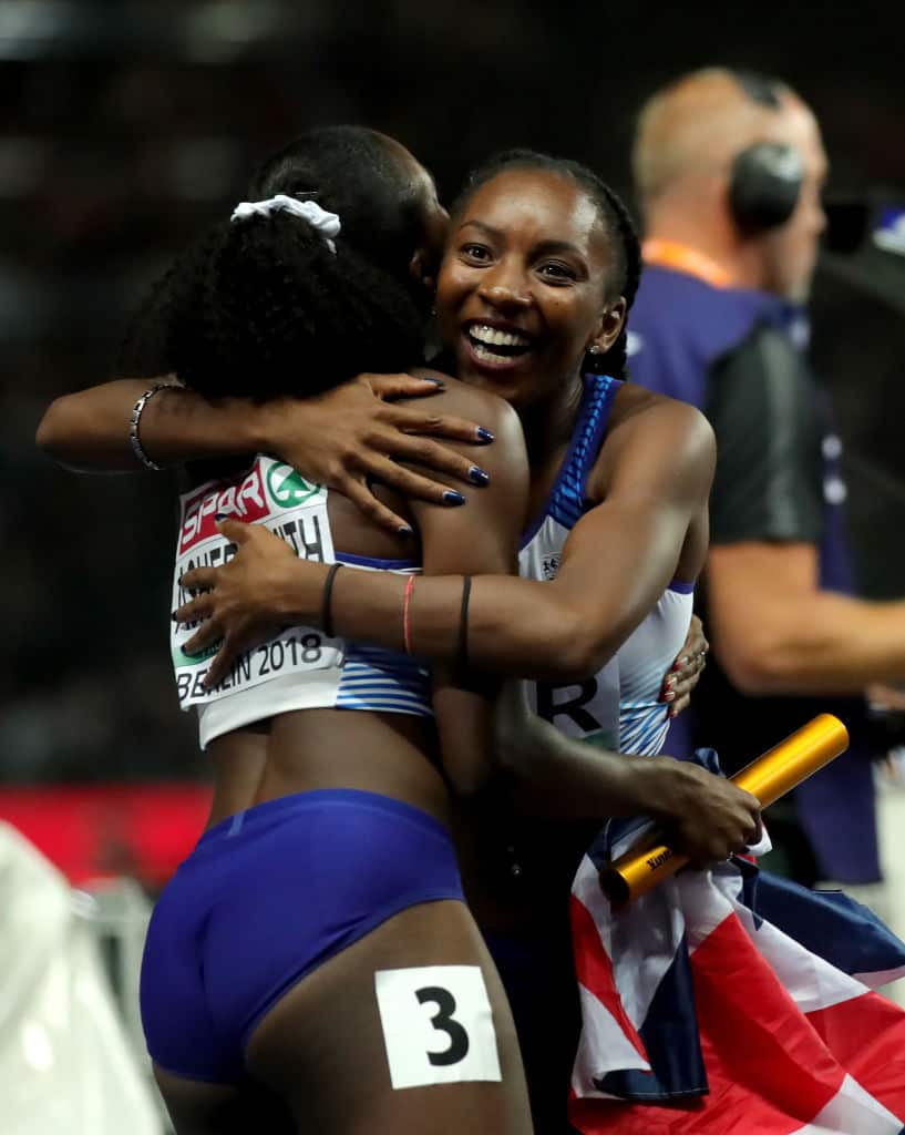 Bianca Williams and Dina Asher-Smith from Great Britain celebrate a win