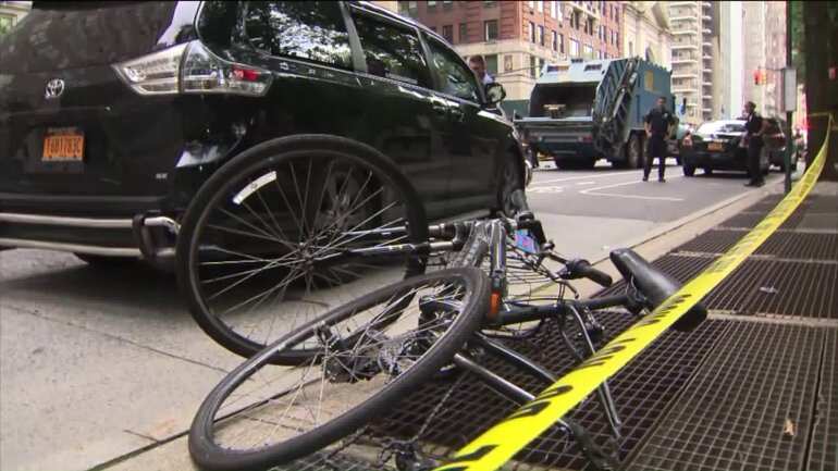 A bike is seen on the sidewalk in New York City