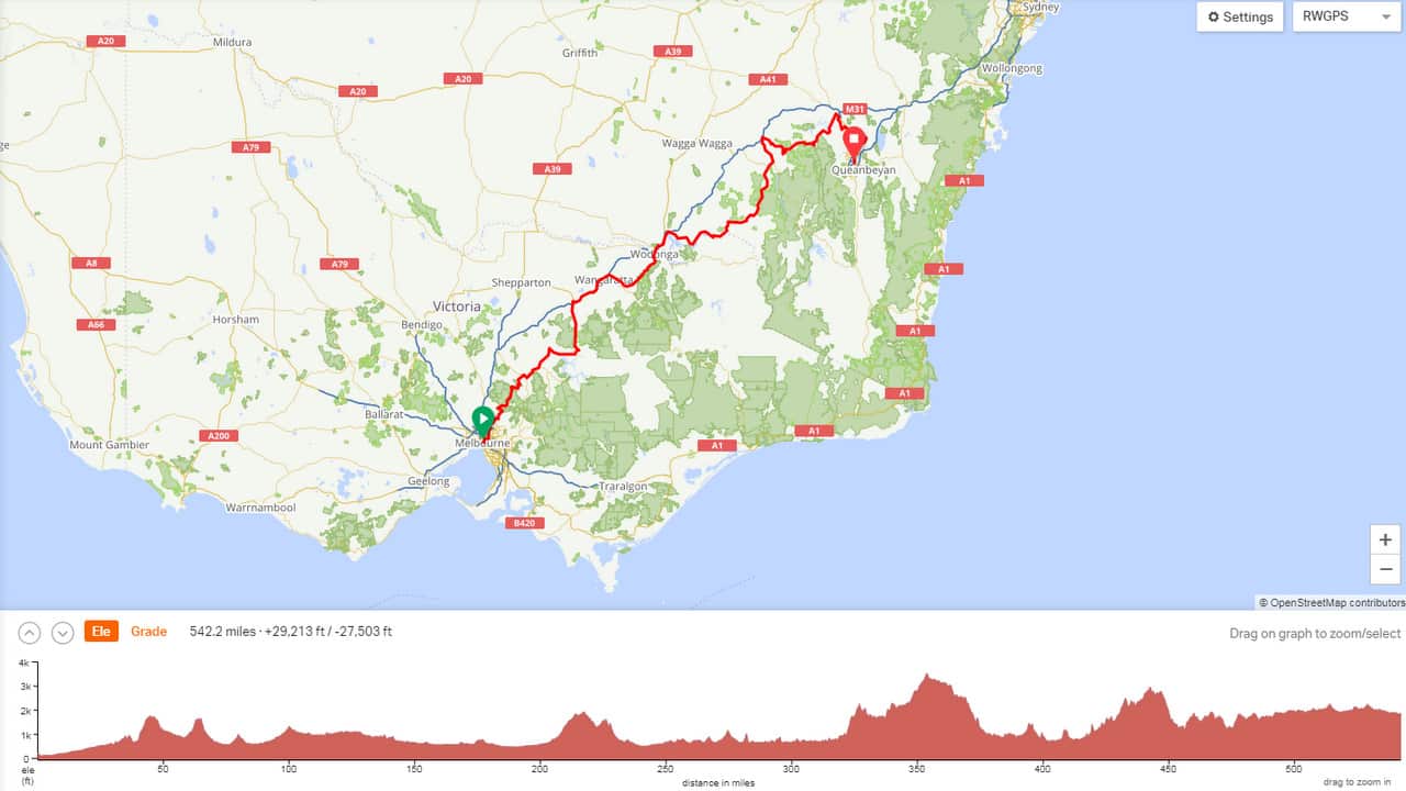 The route of the 900-kilometre bike trek.