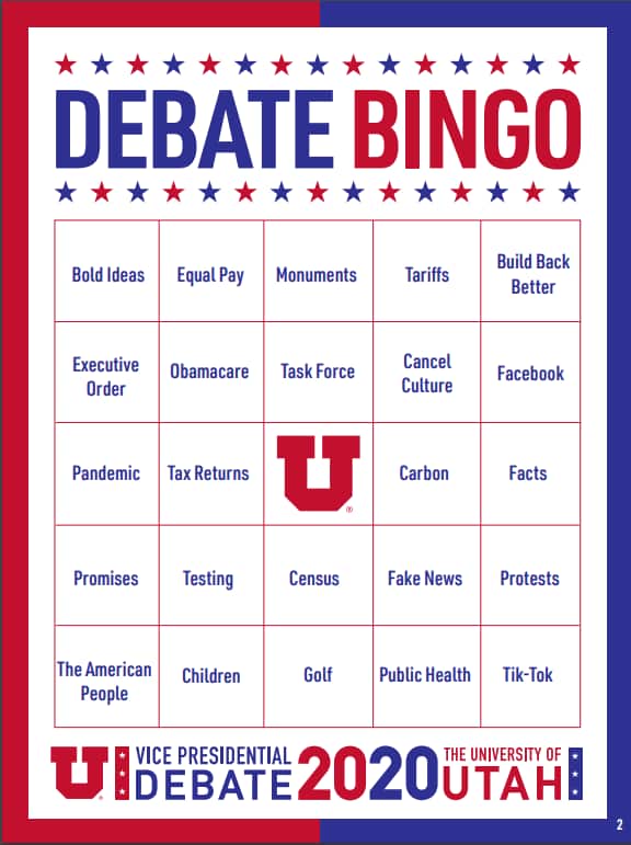 The University of Utah has released a VP debate bingo card.