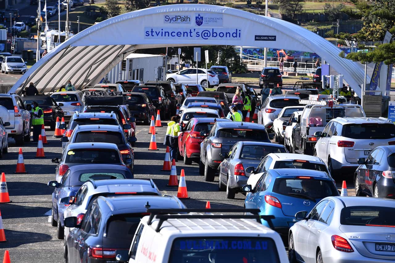Cars line up for COVID-19 testing at Bondi in Sydney, on 17 June 2021.