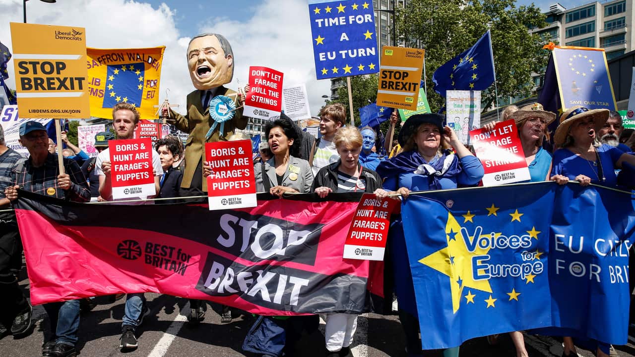 Anti-Brexit protesters in London on 20 July 2019.