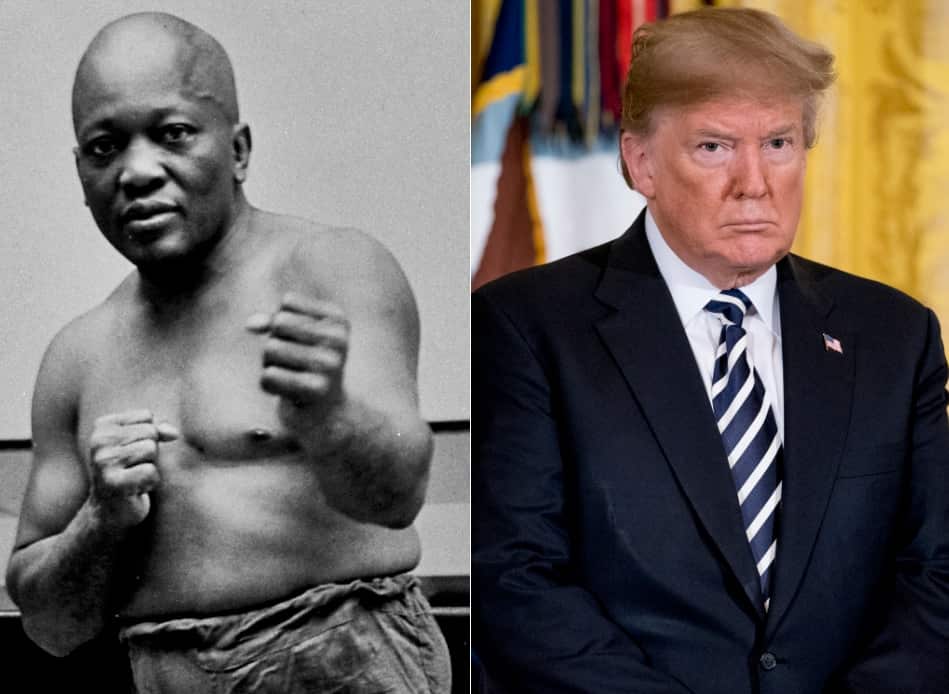 1932 file photo of boxer Jack Johnson and US President Donald Trump 