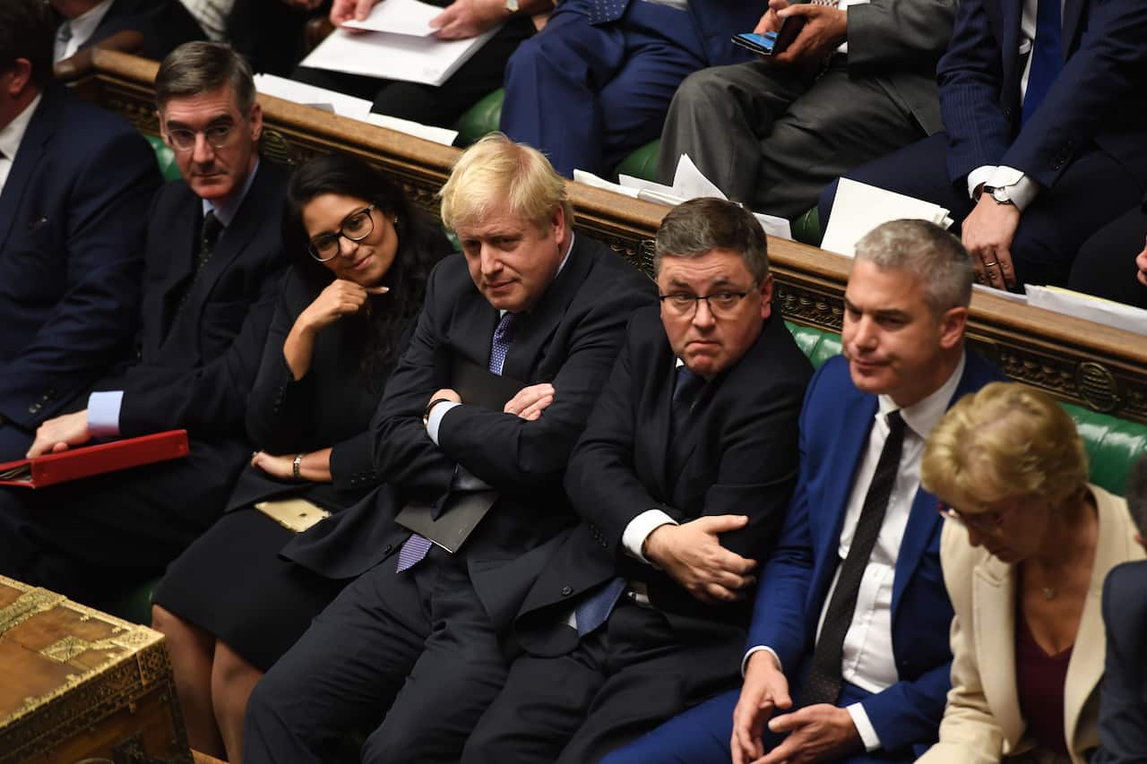 Prime Minister Boris Johnson with his frontbench team after Parliament blocked his proposed Brexit deal.
