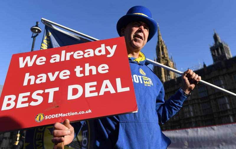 A Pro EU protester demonstrates outside parliament calling for People's Vote.