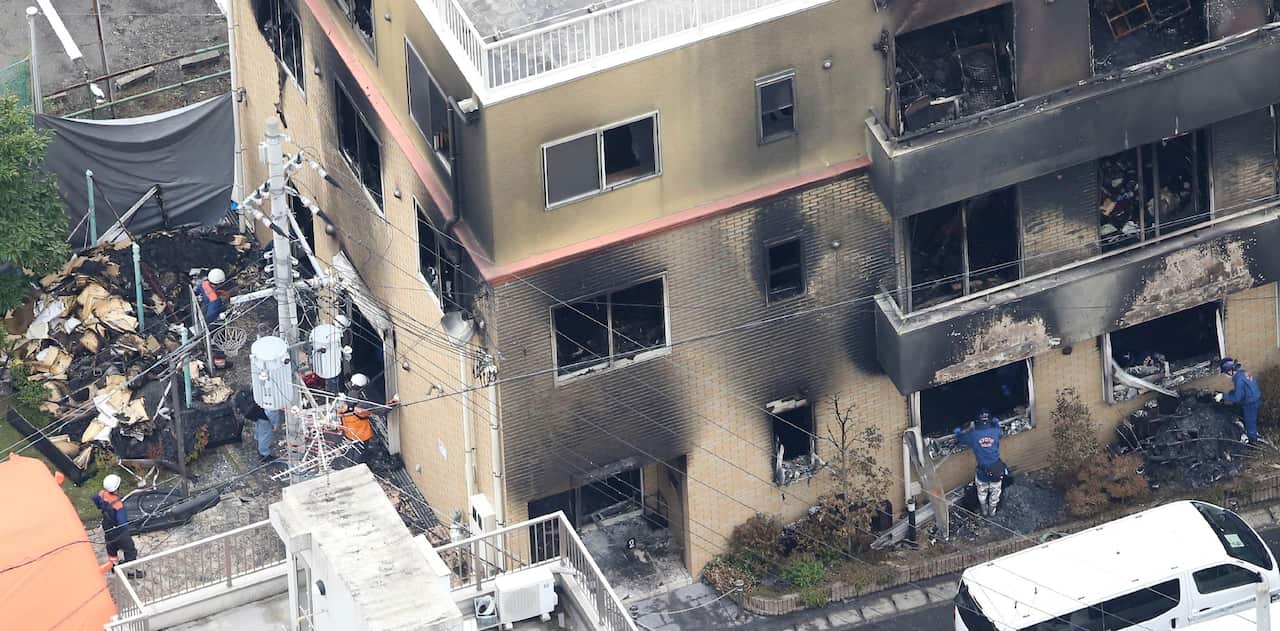 An aerial photo shows the fire site at Kyoto Animation Co., Ltd. (so-called Kyoani) in Kyoto on July 19, 2019.