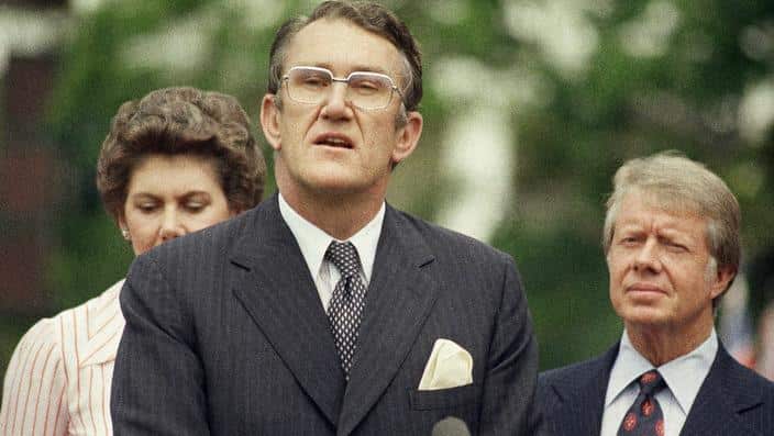 Malcolm Fraser with US President Jimmy Carter at the White House in Washington in June, 1977 - AAP