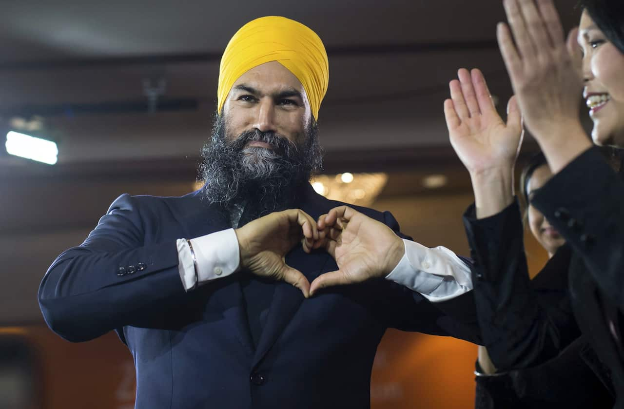 NDP Leader Jagmeet Singh gestures to supporters during an election night party in Burnaby, British Columbia, Canada on 21 October 2019.