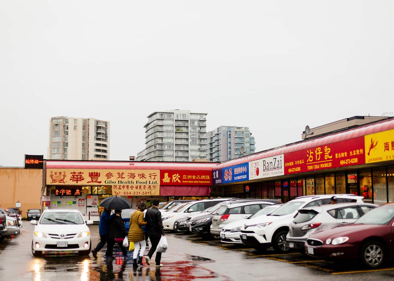 Businesses with Chinese-language signs in Richmond, British Columbia, Canada.