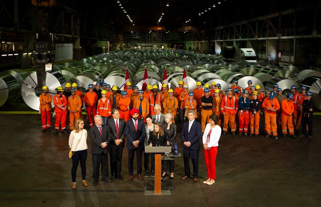 Foreign Affairs minister Chrystia Freeland visited a cold rolling plant to announce Canada's response to US tariffs.