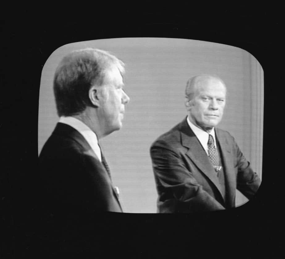 Jimmy Carter (L) and Gerald Ford during debate.(Getty)