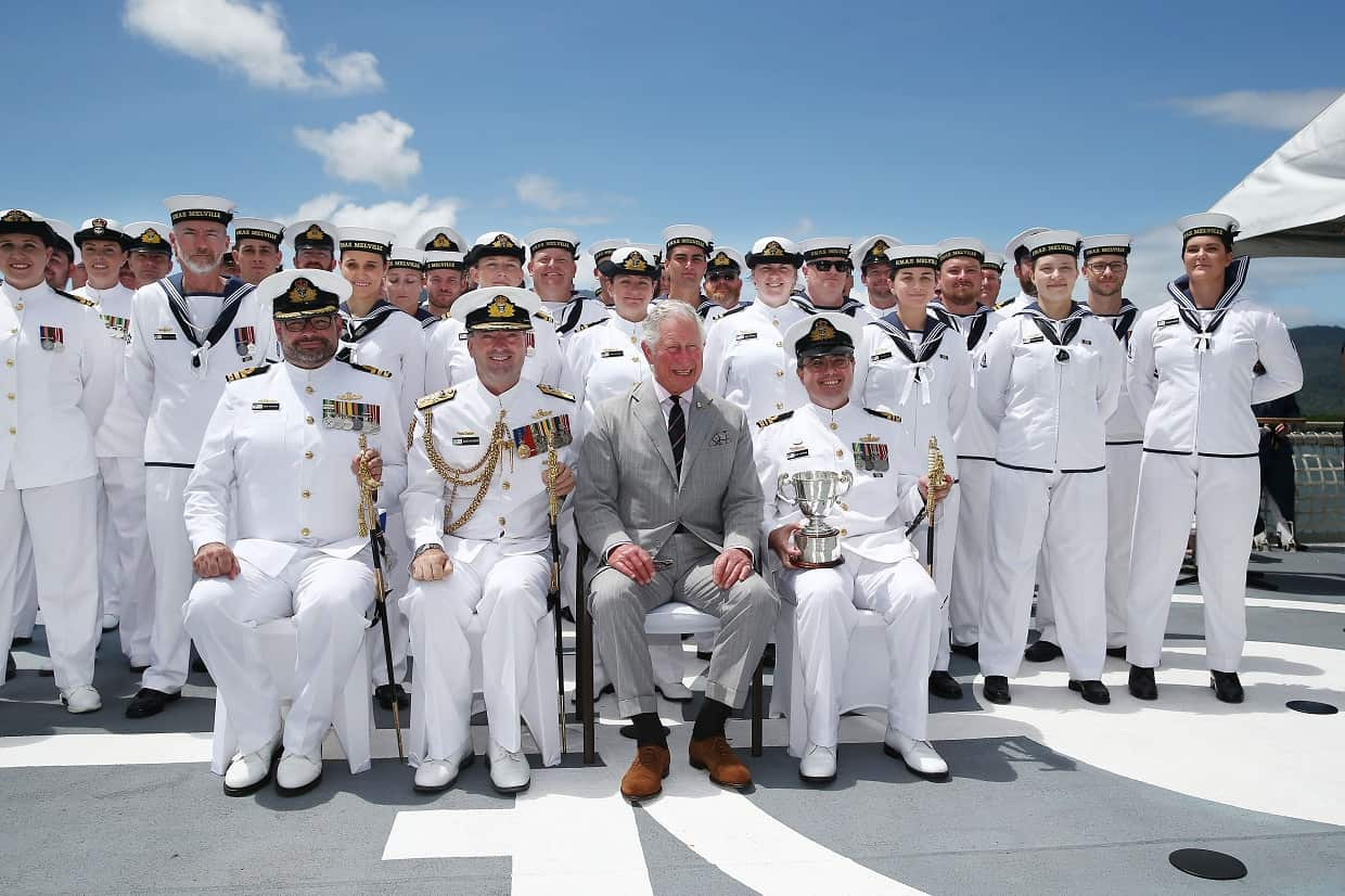 Prince Charles after presenting the Gloucester Cup to the Blue Crew on board the HMAS Leeuwin at the HMAS Cairns Navy base in Cairns.