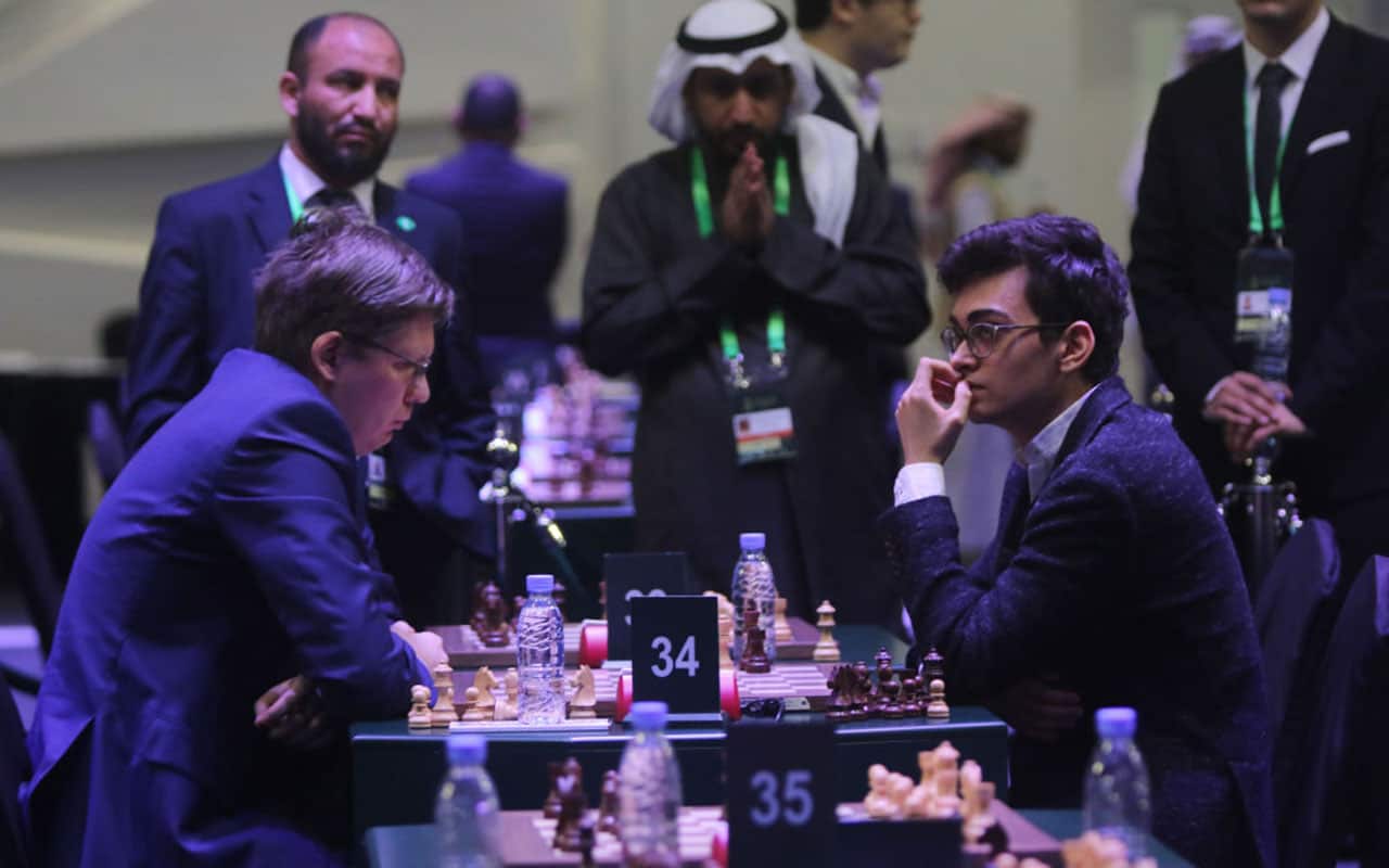 Turkish Sanal Vehab (R) and Malakov Vladimir of Russia (L) at the King Salman Rapid & Blitz Chess Championships.