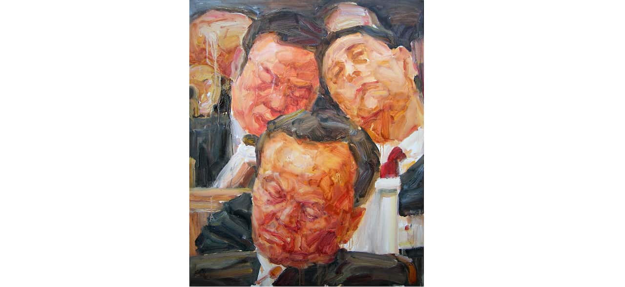 Examples of Wang Peng's anti-government works before learning of Tiananmen include paintings of officials asleep at party meetings and bloated corpses meant to represent the corrupt nature of society (Wang Peng)