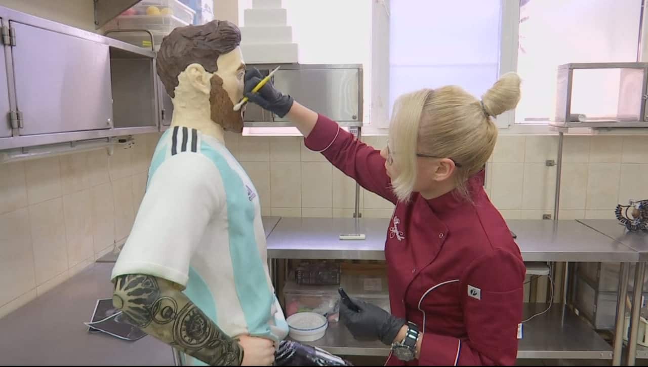 A life-sized chocolate sculpture of Lionel Messi.