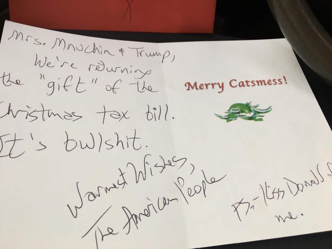 The card Dr Strong says he sent with the Christmas gift to Mr Mnuchin.
