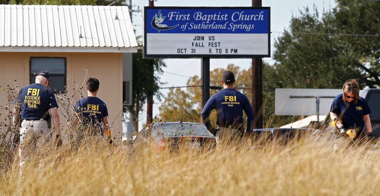 November 2017: FBI officers at the scene of the mass shooting at the First Baptist Church in Sutherland Springs.