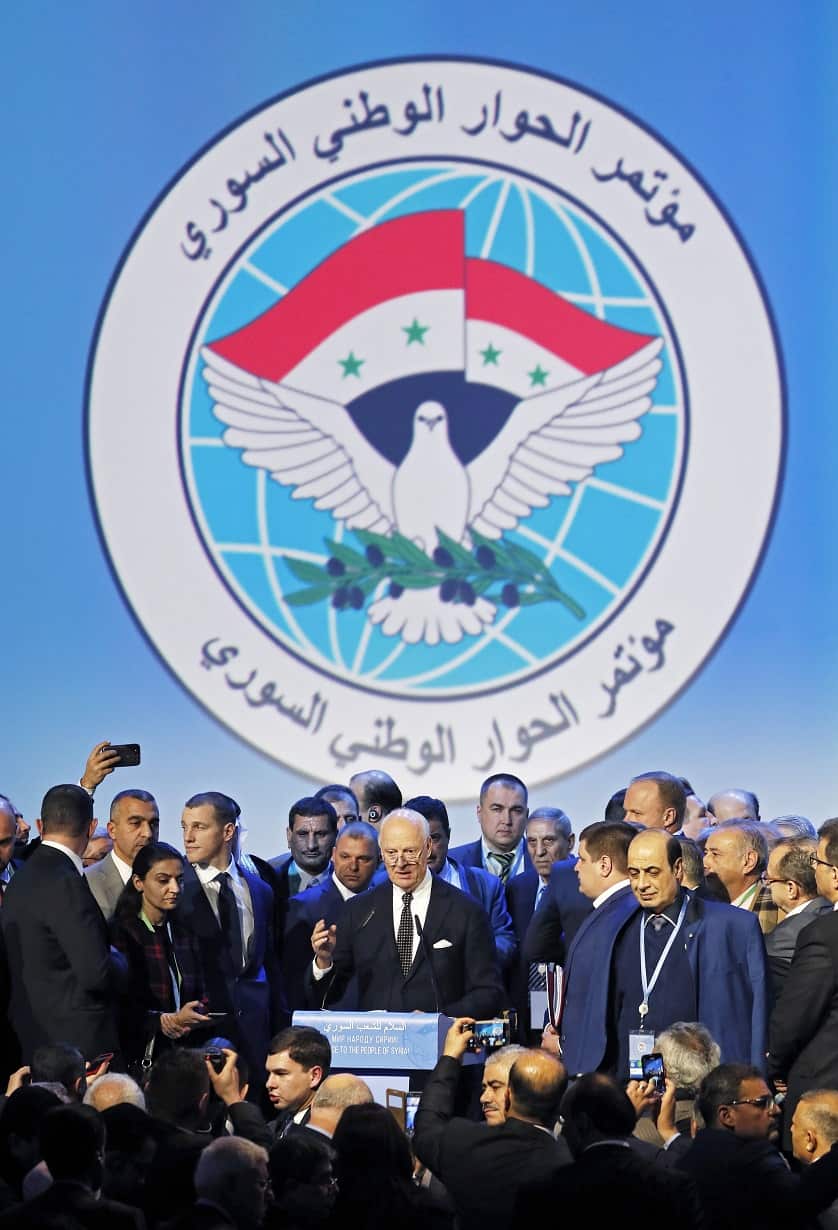 UN Special Envoy for Syria Staffan de Mistura (C) speaks during the Syrian National Dialogue Congress in the Black sea resort of Sochi, Russia, 30 January 2018. 