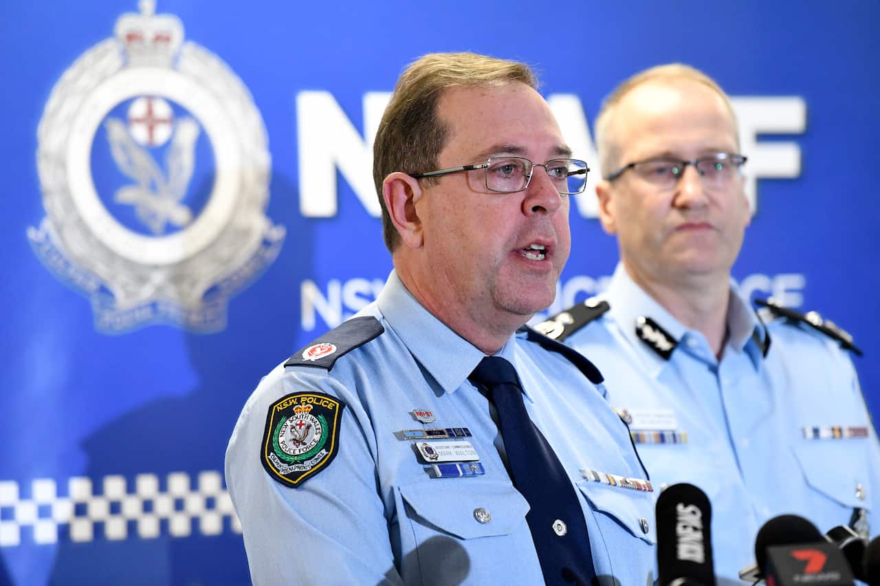 NSW police Assistant Commissioner Mark Walton and AFP Assistant Commissioner Ian McCartney speak to media after a Sydney man was arrested over terror offences.