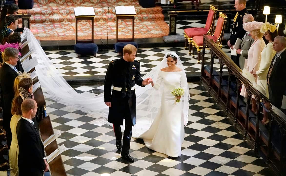 Prince Harry and Meghan Markle depart from St George's Chapel in Windsor Castle after their wedding.. Picture date: Saturday May 19, 2018. .