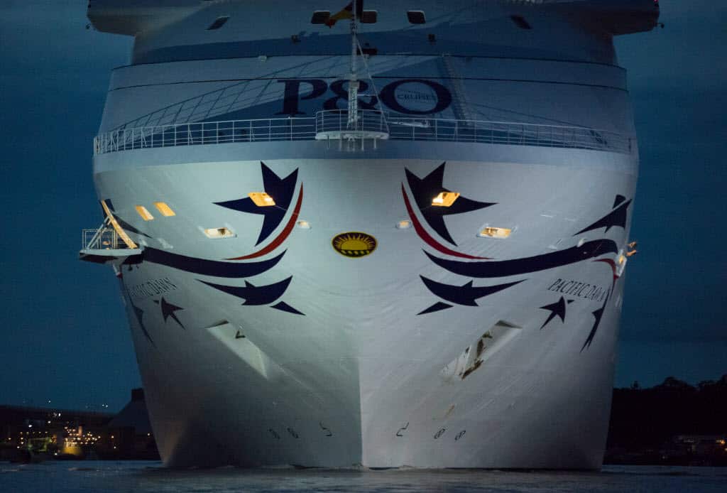The Pacific Dawn cruise ship slips under the Gateway Bridge and into her berth on March 16, 2017 in Brisbane, Australia.