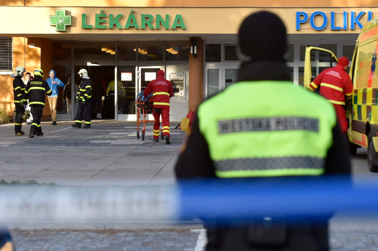 Police outside the Ostrava Teaching Hospital after the shooting.