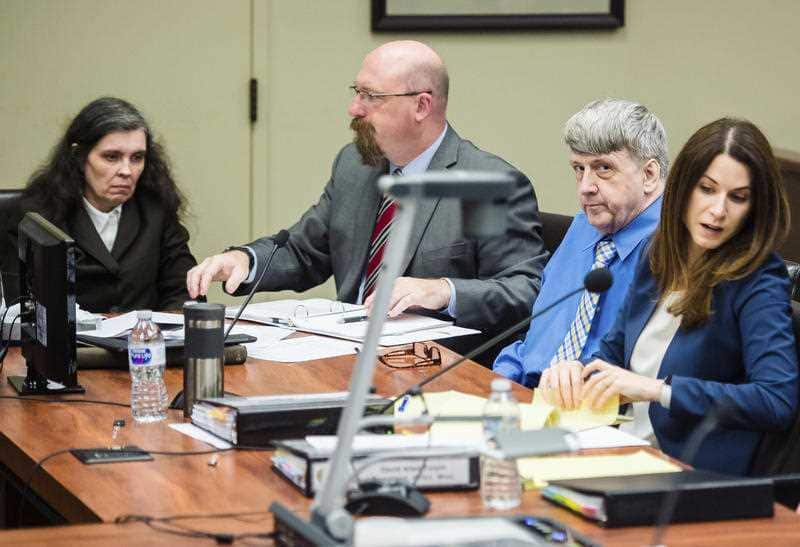 Louise Turpin, left, with her attorney Jeff Moore, and her husband, David Turpin, center, with his attorney Allison Webb, right,  Wednesday, June 20, 2018,