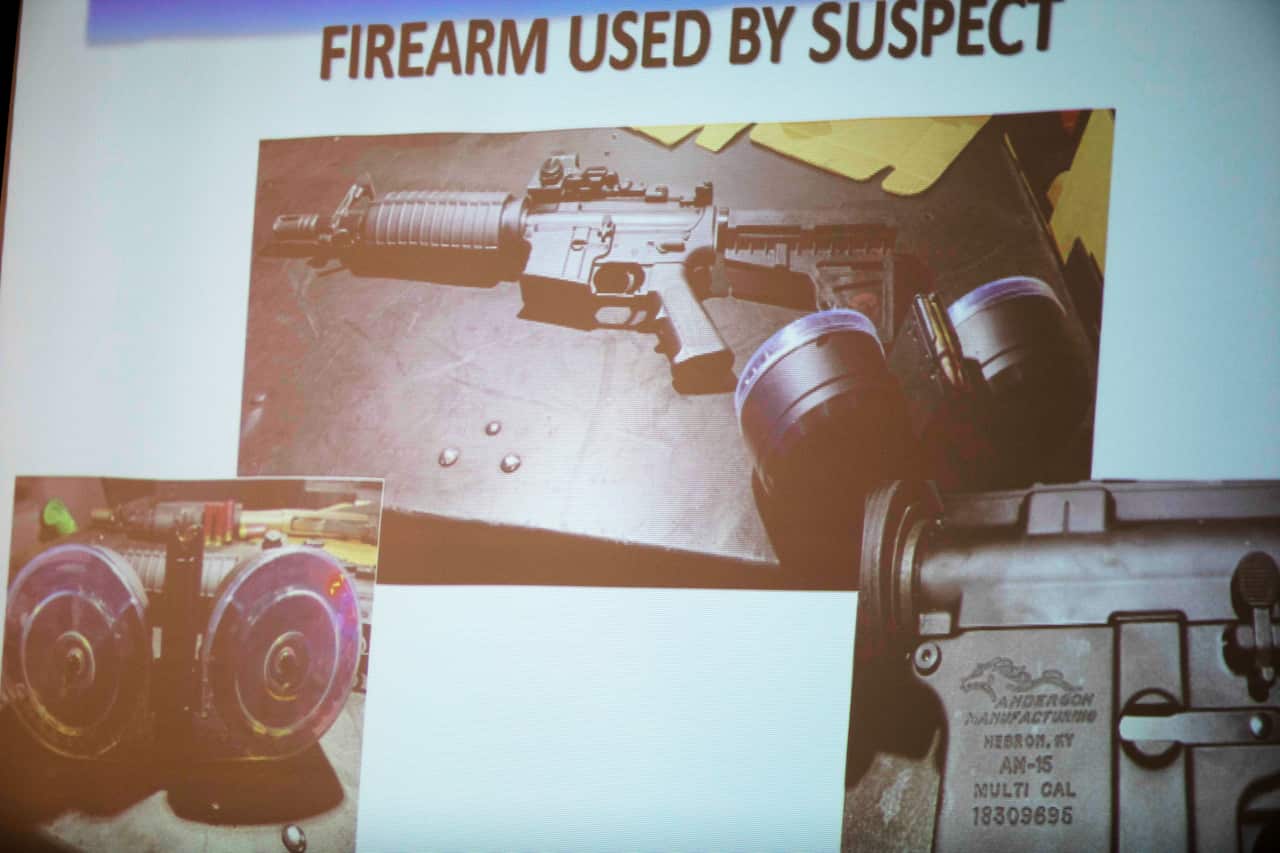 The firearm used by the shooter Connor Betts, 22, is projected on a screen during a police press conference.