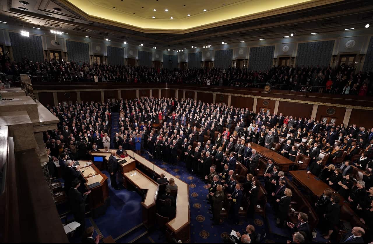 US President Donald J. Trump arrives to deliver his first State of the Union from the floor of the House of Representatives in Washington, DC, USA, 30 January