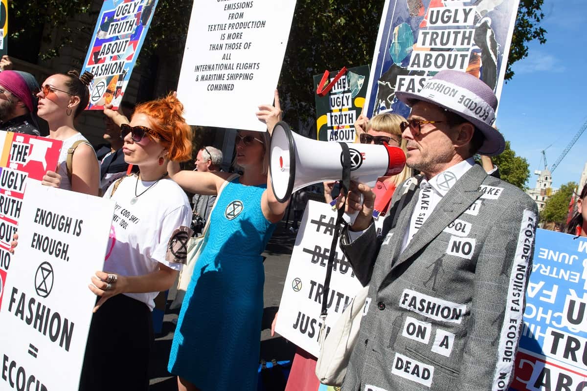Extinction Rebellion protesters outside the Victoria Beckham catwalk show, during Spring/Summer 2020 London Fashion Week.